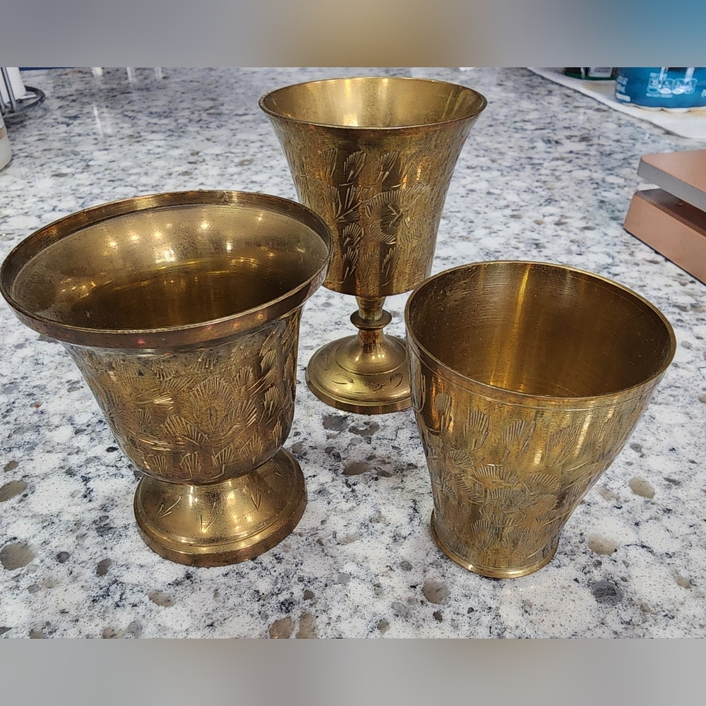 Lot of 3 Vintage ornate etched ceremonial goblets/tumblers.